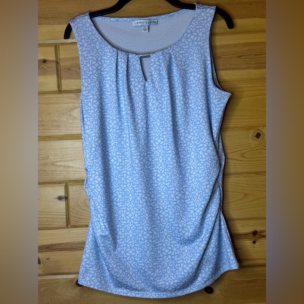Larry Levine Chic Waistline Blue/White Sleeveless Blouse Large